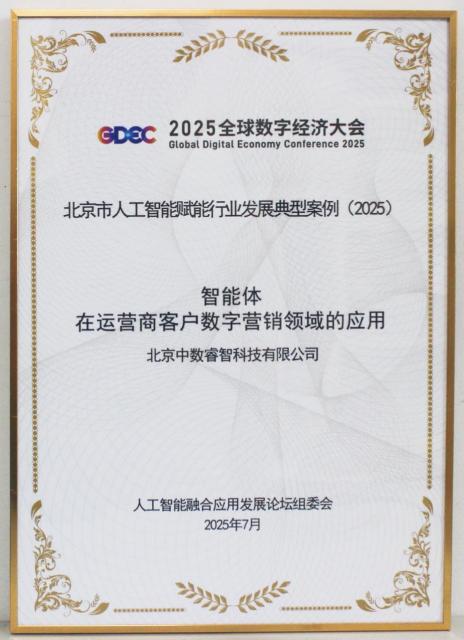 中數(shù)睿智 入選2025北京市人工智能賦能行業(yè)發(fā)展典型案例，引領技術推廣服務新范式